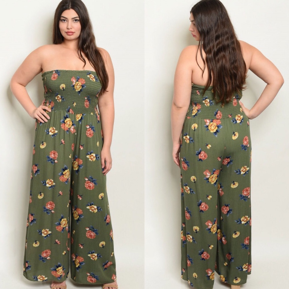 Plus Size Olive Green Floral Print Jumpsuit Romper - Picture 4 of 4